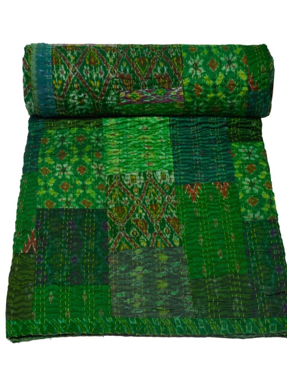 Indian Handmade Quilt Indian Silk Sari Kantha Quilted Patchwork (Green, Twin